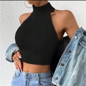 Sexy Sleeveless Sweater Knit Halter Neck Cropped Tank Top Black
